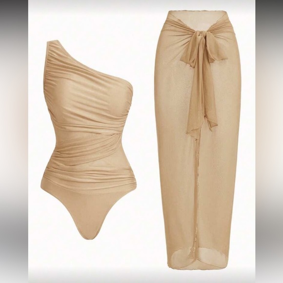 Other - NWOT One-Shoulder Tan Swimsuit and Cover-Up Set size Extra Large
